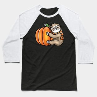 KawAii Cute Sloth Glasses and Scarf Hugging A Pumpkin Baseball T-Shirt